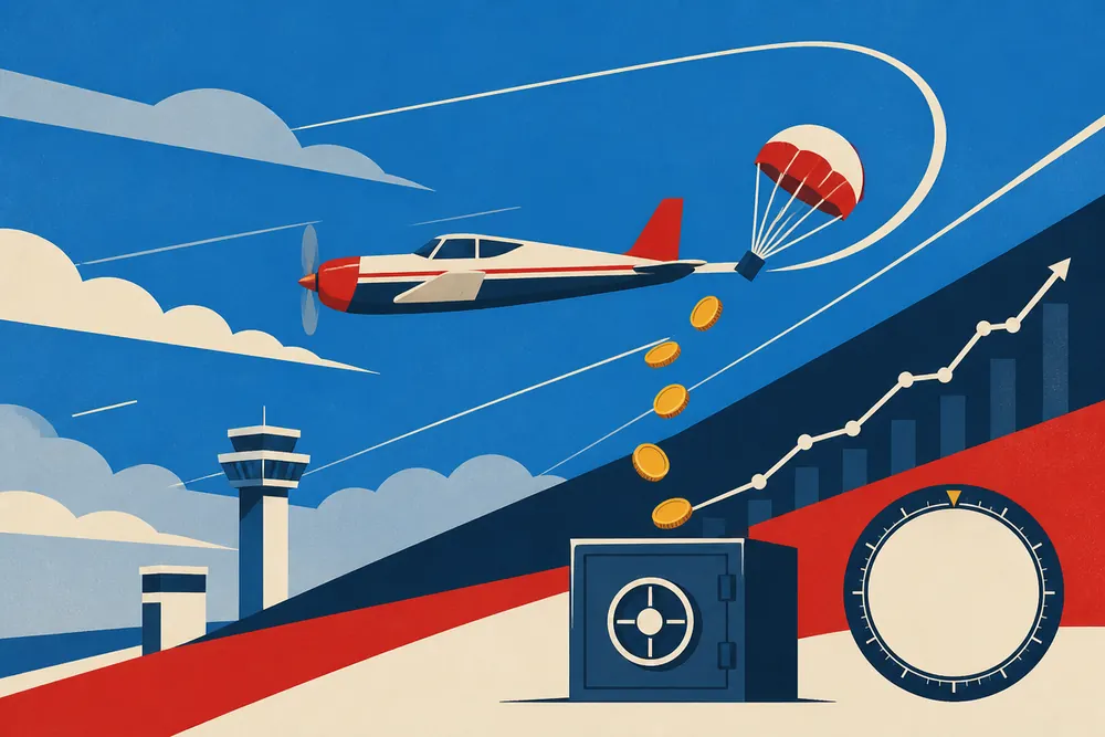 A plane with a parachute deploying and coins falling toward a vault