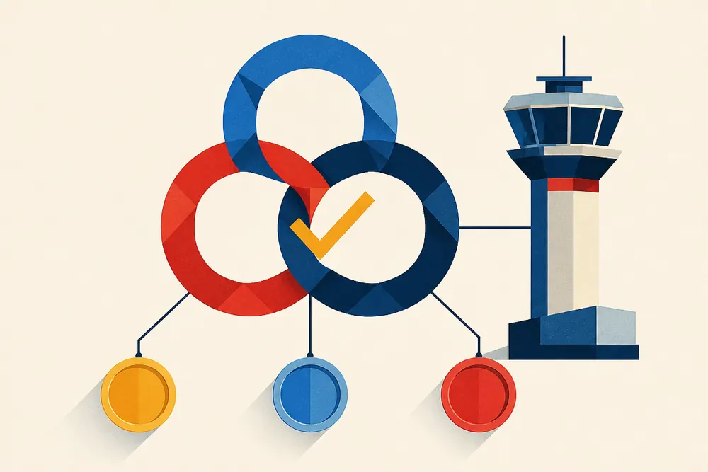 Three interlocking geometric seals beside a control tower shape